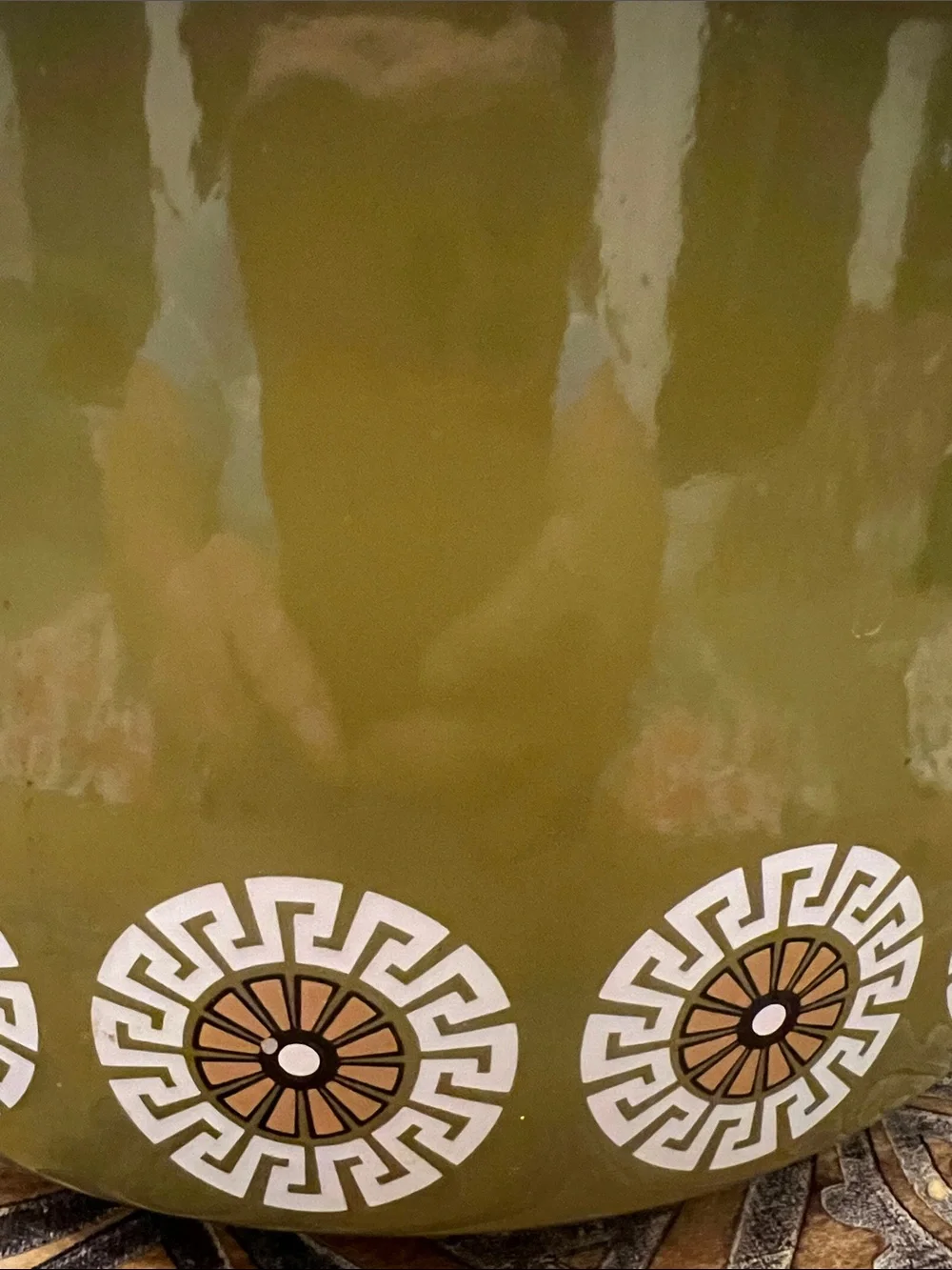 Vintage Enamel Ware Green Stockpot White Geometric Medallions. Heavy bottom